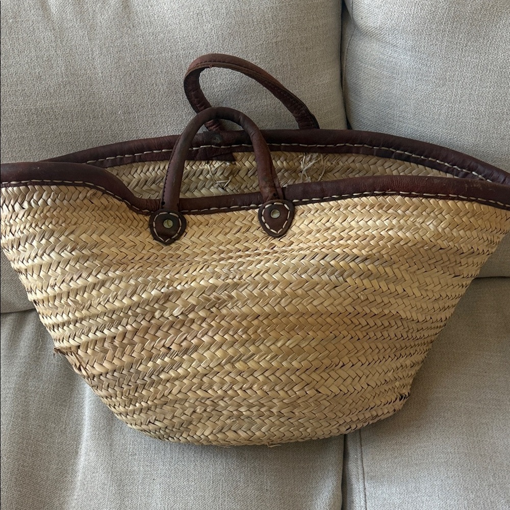 Source Unknown Tan and Brown Woven Tote from Mexico, leather handles, and trim. - Picture 3 of 6
